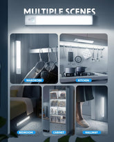 LED light bar demonstrating its use in various indoor settings including a wardrobe, kitchen, bedroom, cabinet, and hallway.